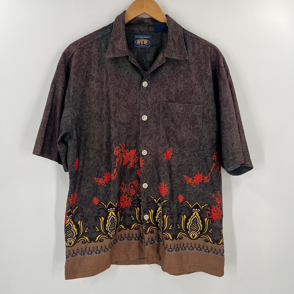 OTB Vintage Y2K Dragon Shirt Men's M Brown Red Flame Border‎ Print Bowling Camp